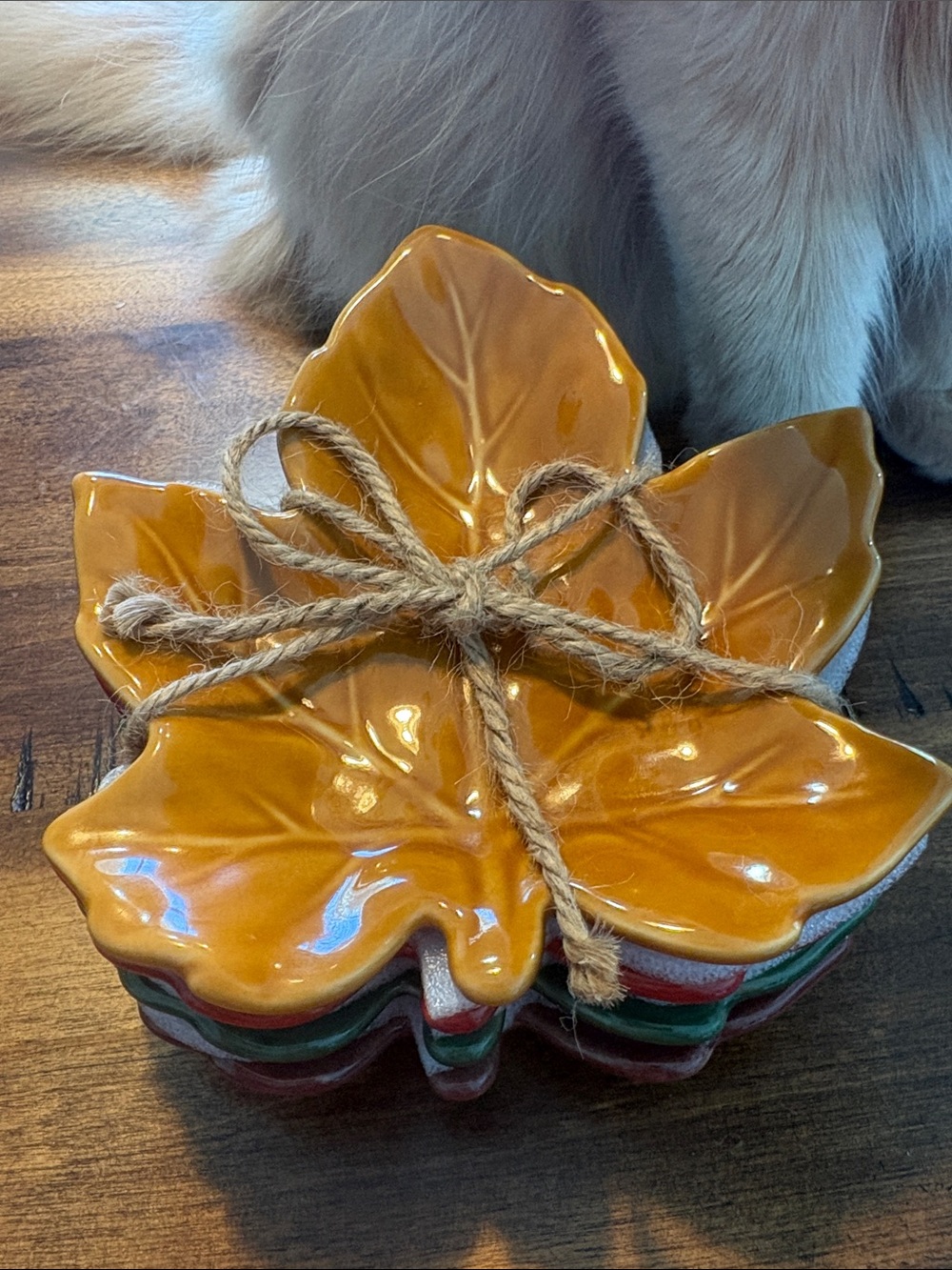 Ceramic Leaf Trinket Dish Set - Glossy Amber Orange Brown and Green